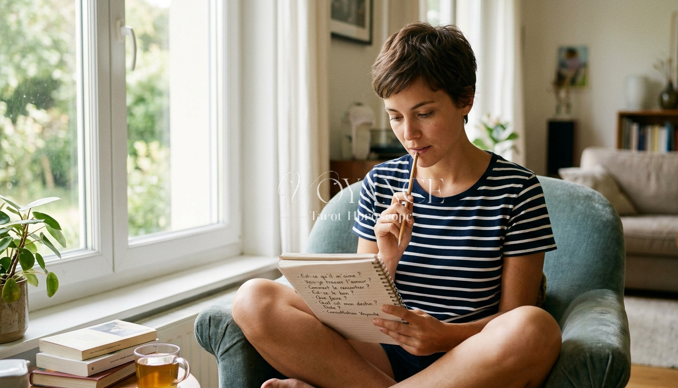 Femme préparant ses questions d'amour avant une consultation de voyance