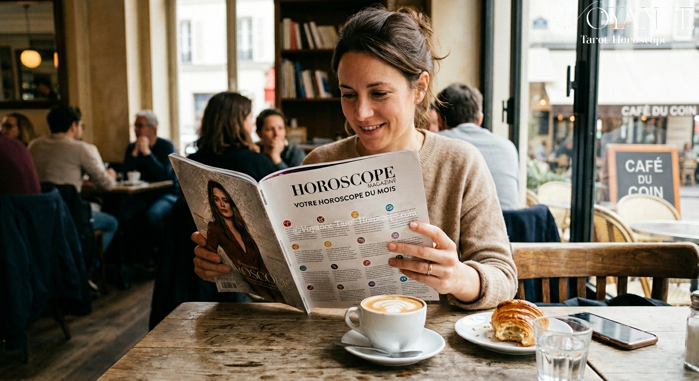 Magazines féminins ouverts sur la page horoscope, café du matin