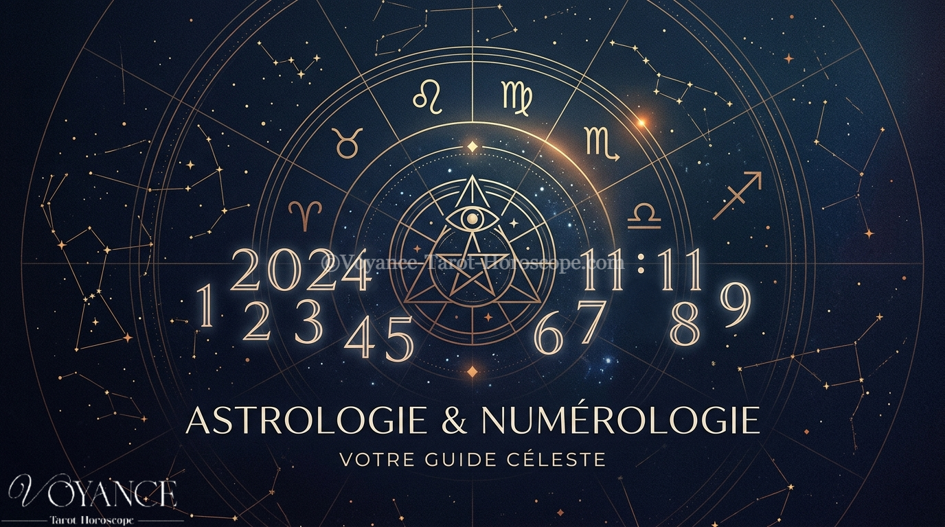 Astrologie et numérologie : deux systèmes complémentaires ? 3 Symboles astrologiques et chiffres entrelacés sur fond doré