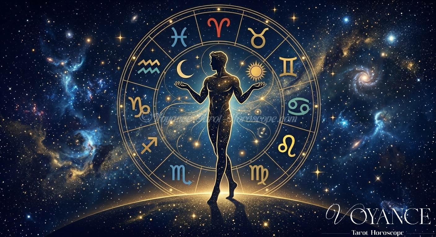 Cercle de symboles astrologiques entourant une silhouette humaine - comportement et zodiaque