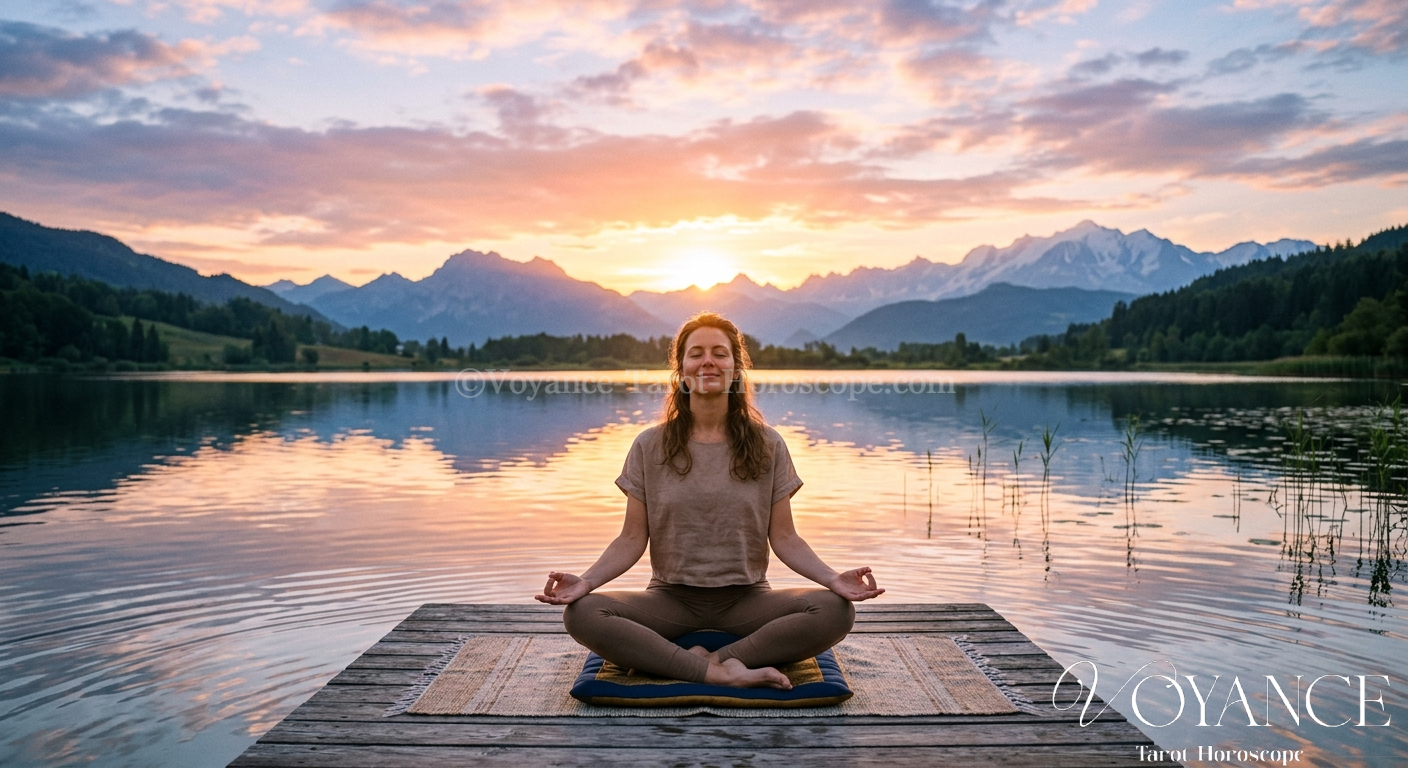Horoscope et bien-être : les pratiques qui correspondent à votre signe 3 Femme en méditation au bord de l'eau au lever du soleil, ambiance sérénité