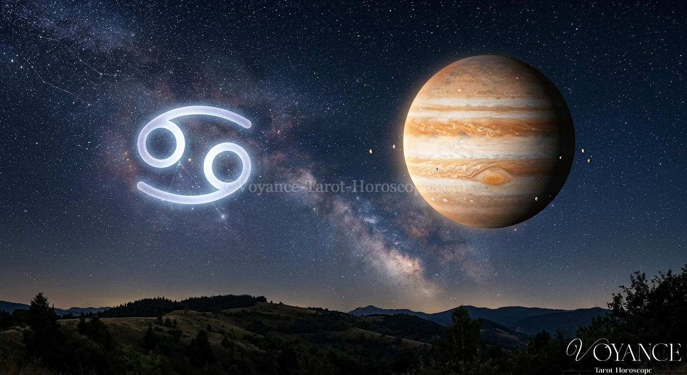 Jupiter en Cancer 2026 : ce que ce transit signifie pour vous 3 Planète Jupiter avec symbole du Cancer en fond de ciel nocturne