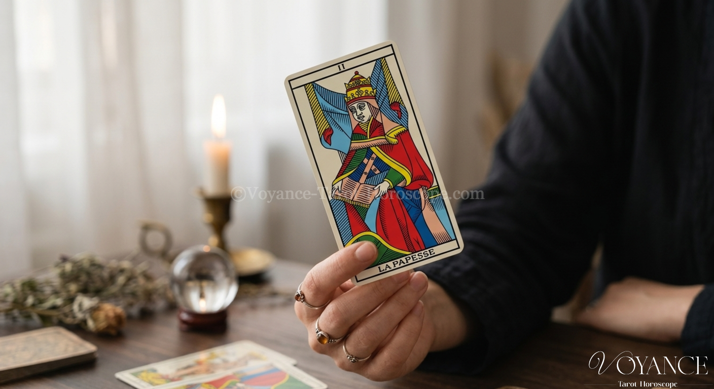 Illustration stylisée de la Papesse du tarot, livre et voile