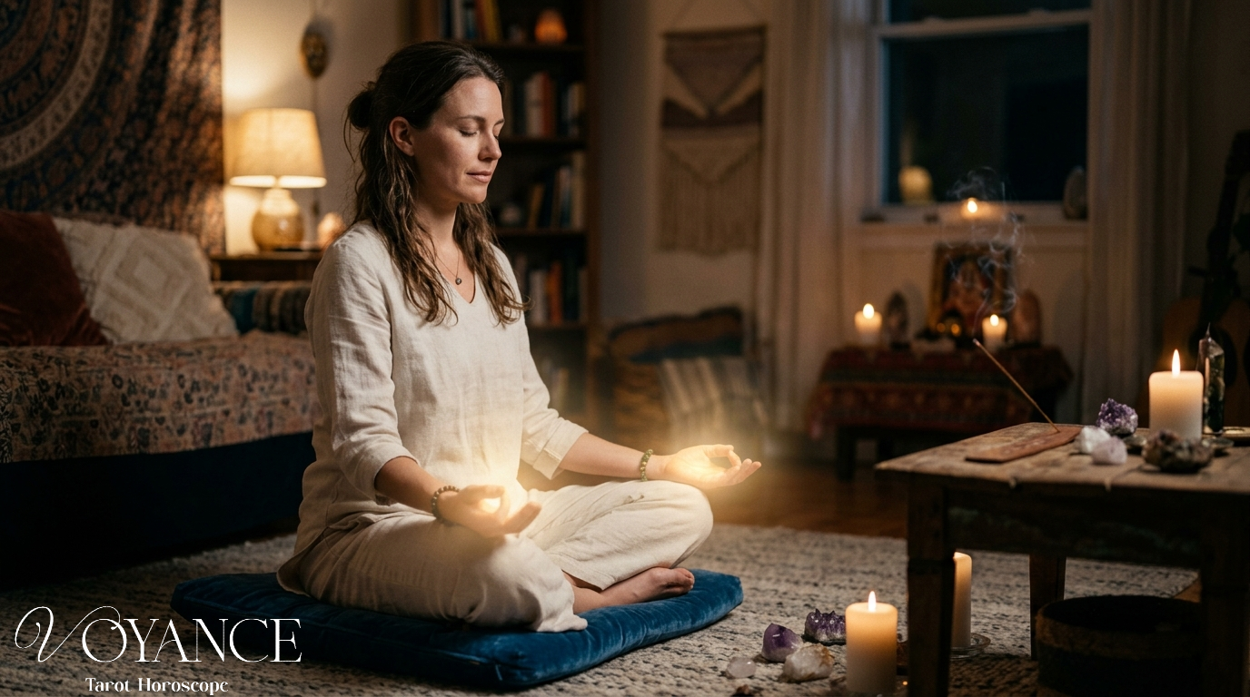Qu'est-ce que le channeling et comment ça fonctionne ? 3 Personne en état méditatif, lumière dorée autour des mains