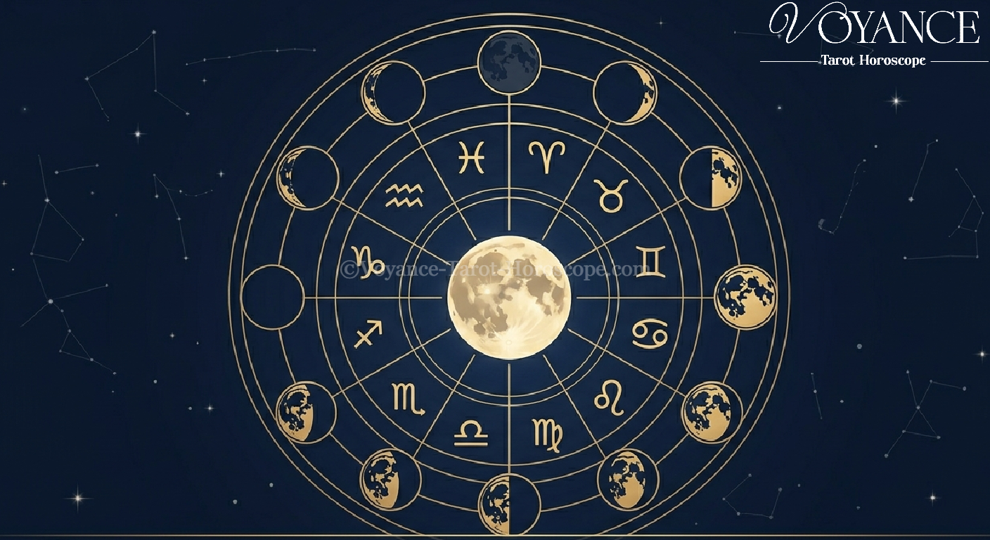 Lunes et impact sur chaque signe : le guide complet 3 Roue du zodiaque avec les phases de lune en superposition dorée
