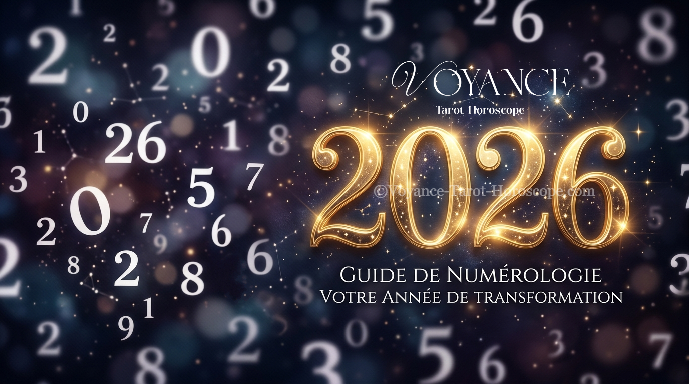 Numérologie 2026 : l'année universelle et ce qu'elle annonce 3 Chiffres 2026 en or sur fond sombre avec symboles numérологiques