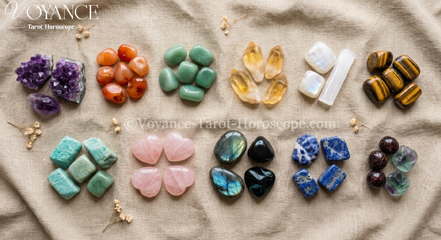Pierres et cristaux selon votre signe astrologique - Collection de cristaux colorés disposés sur tissu naturel clair