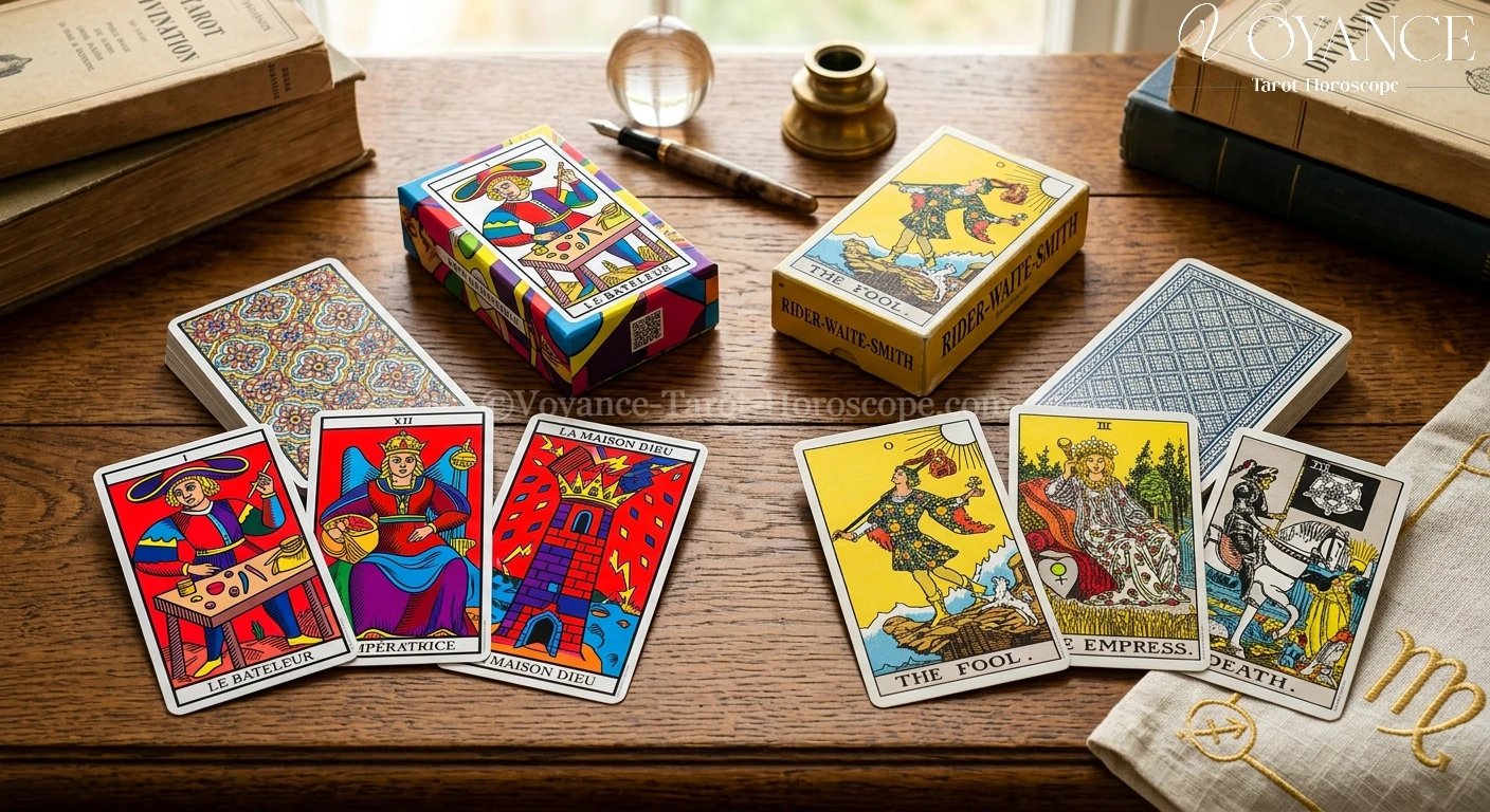 Tarot de Marseille ou Rider-Waite : lequel choisir ? 3 Deux jeux de tarot côte à côte — Marseille aux couleurs vives abstraites, Rider-Waite avec scènes illustrées