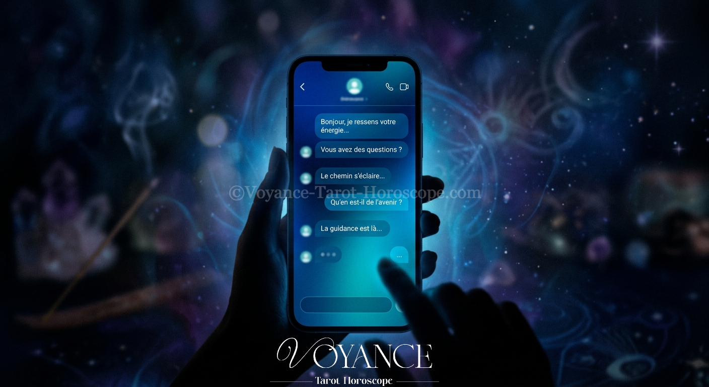Voyance par tchat : consultation immédiate et discrète 24h/24 3 Écran de smartphone avec une conversation de tchat mystérieuse, lumière bleue