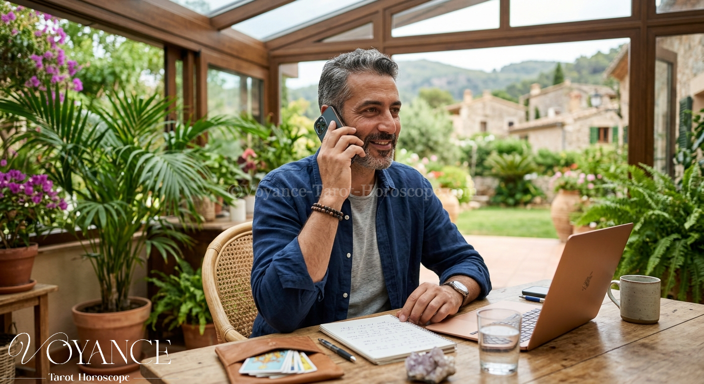 Voyance sérieuse : comment la reconnaître et éviter les arnaques 3 Voyant professionnel à son bureau, ambiance sérieuse et bienveillante