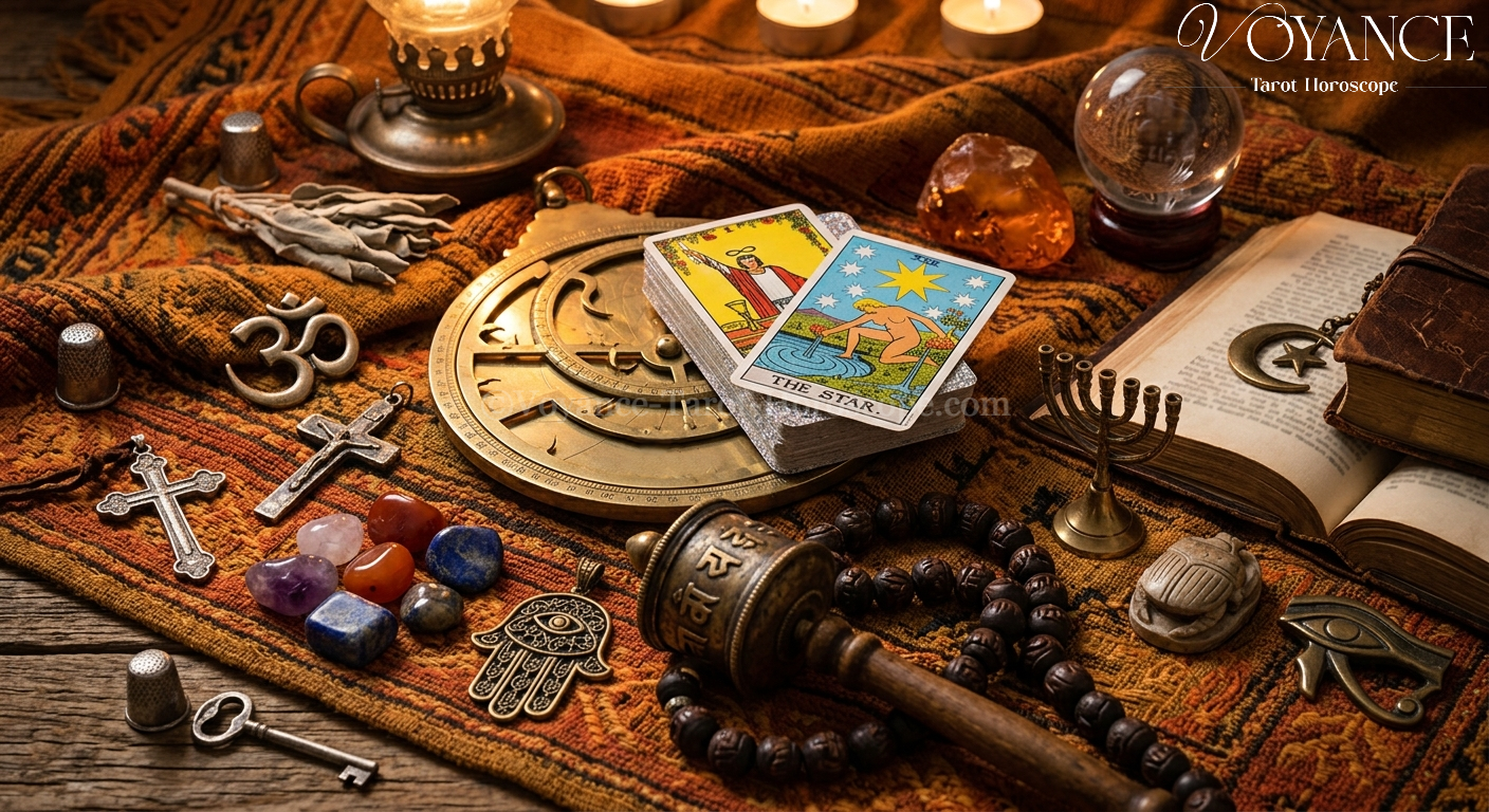Symboles spirituels de différentes traditions sur fond chaud