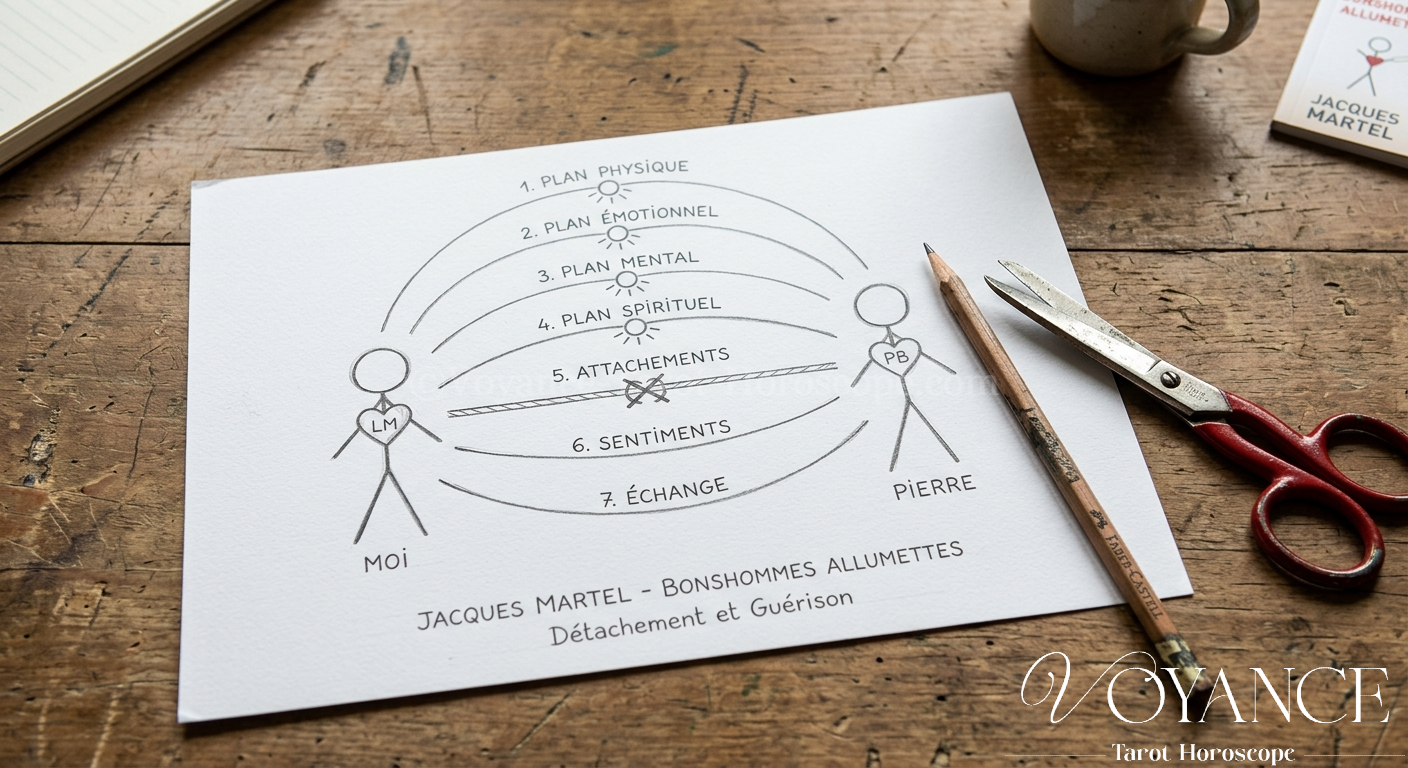 Feuille avec deux bonhommes allumettes dessinés, crayon et ciseaux posés à côté
