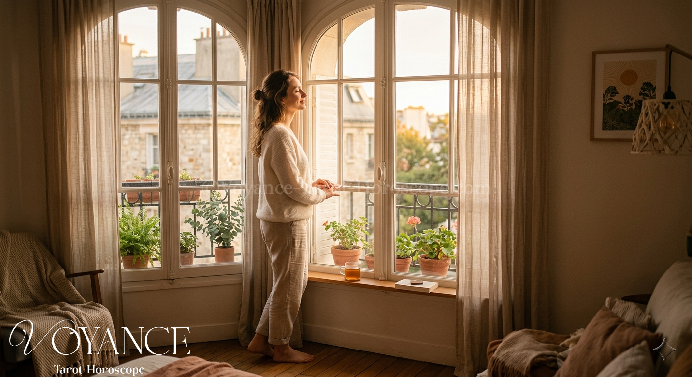 Chambre douce au crépuscule, lumière chaude et tamisée, ambiance apaisée