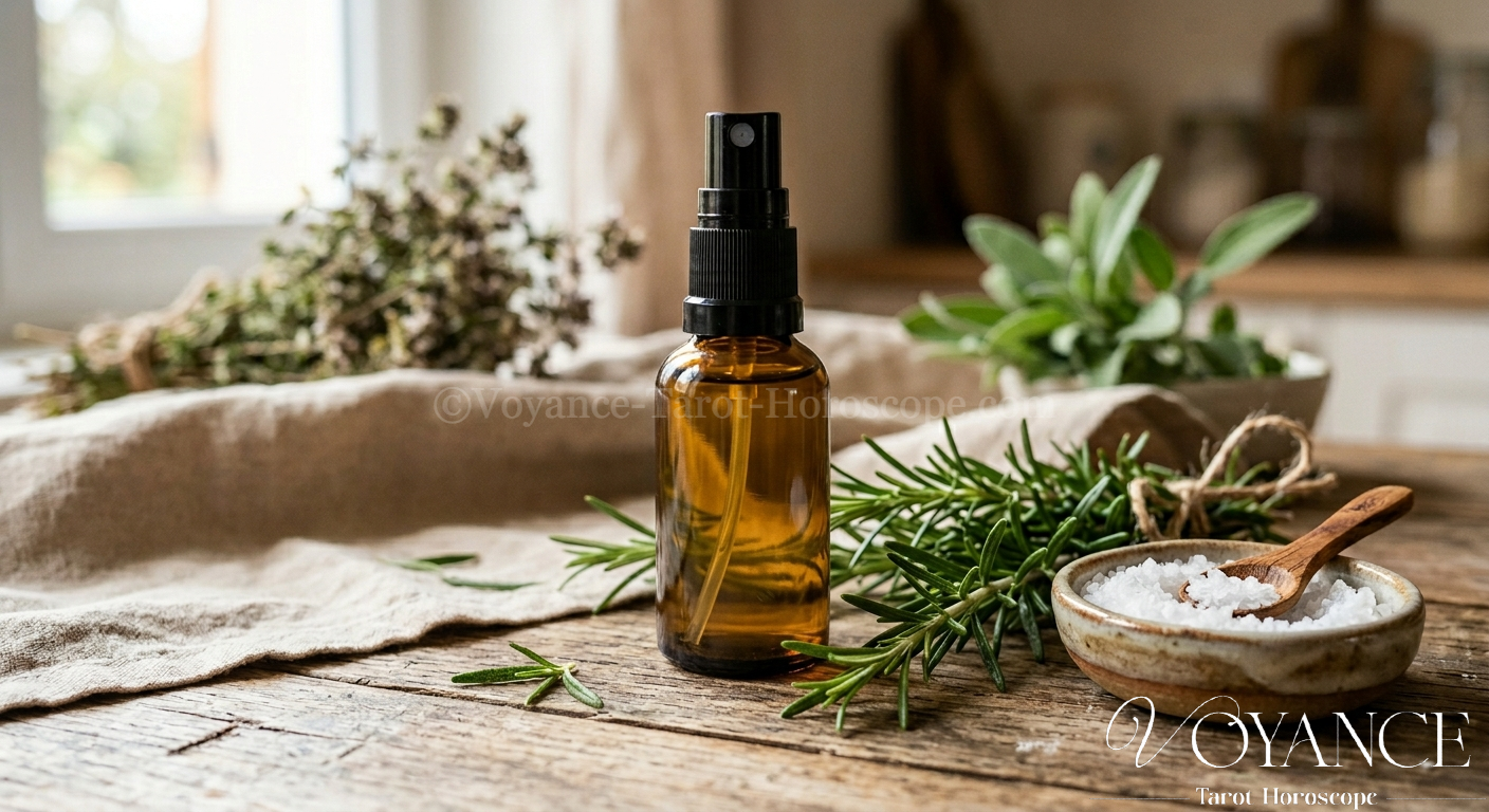 Eau de protection maison : la recette du rituel 3 Petit flacon vaporisateur en verre, brins de romarin et coupelle de sel