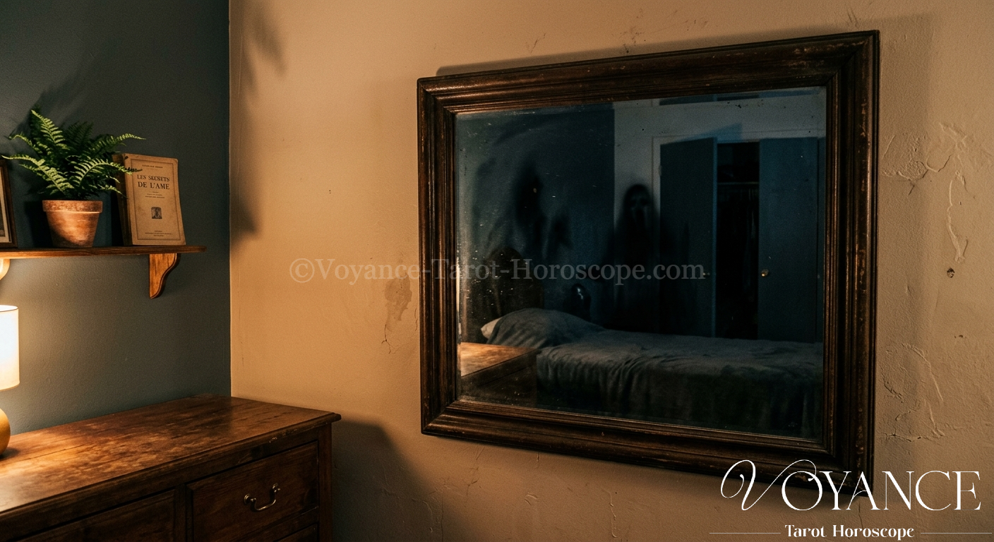 Chambre sombre et apaisée la nuit, miroir couvert d'un voile