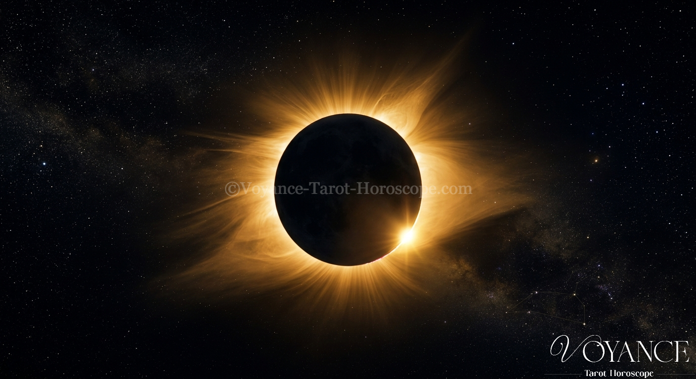 Les éclipses en astrologie : signification et impact sur votre vie 3 Eclipse solaire totale avec couronne dorée sur fond noir profond
