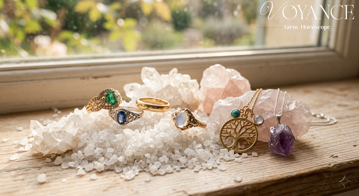 Purifier ses bijoux : pourquoi et comment le faire 3 Bagues et pendentifs posés sur du gros sel et des quartz dans la lumière