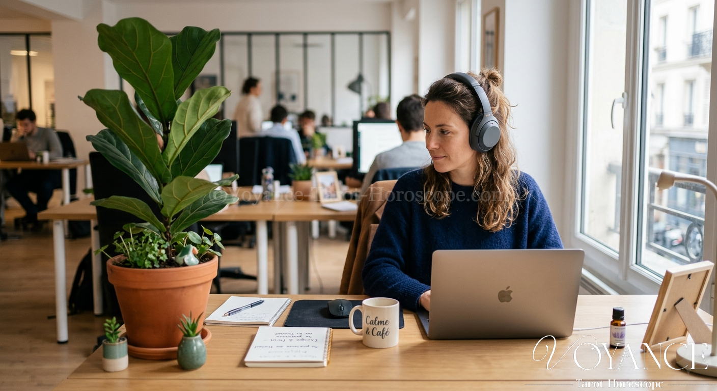 Bureau personnel apaisé dans un open-space, plante et casque audio