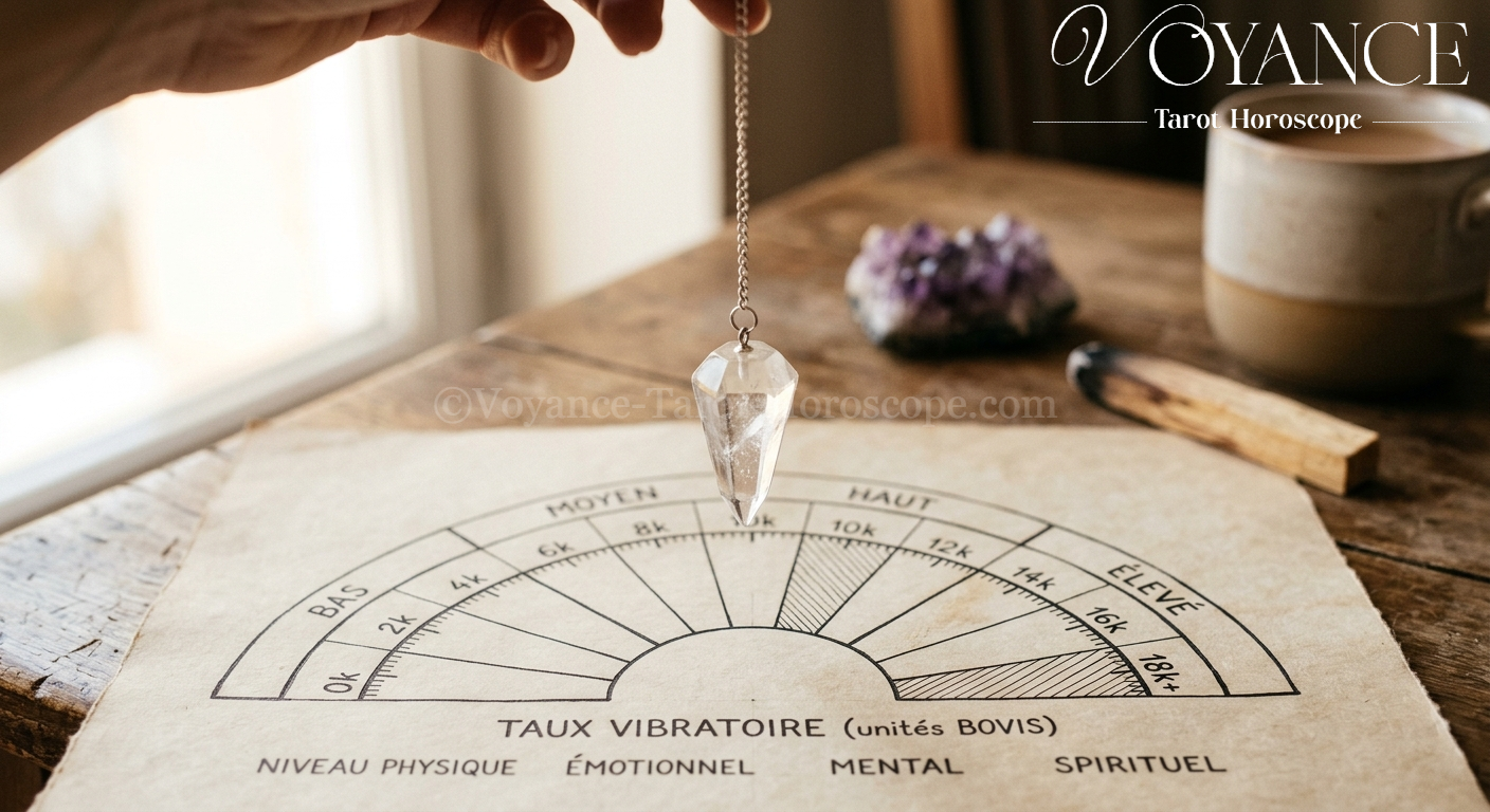 Taux vibratoire : le guide pour le mesurer (et l'élever) 3 Pendule en cristal au-dessus d'un cadran gradué, lumière douce