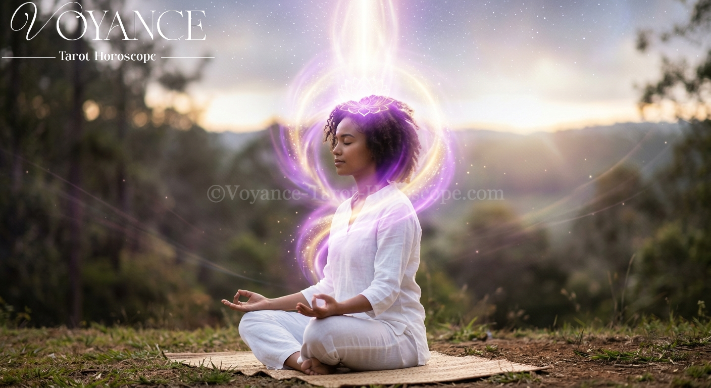 Sommet du crâne baigné d'une lumière violette et dorée, sérénité