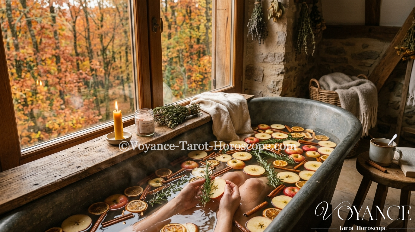 bain rituel d'automne aux rondelles de pomme, bâtons de cannelle et romarin