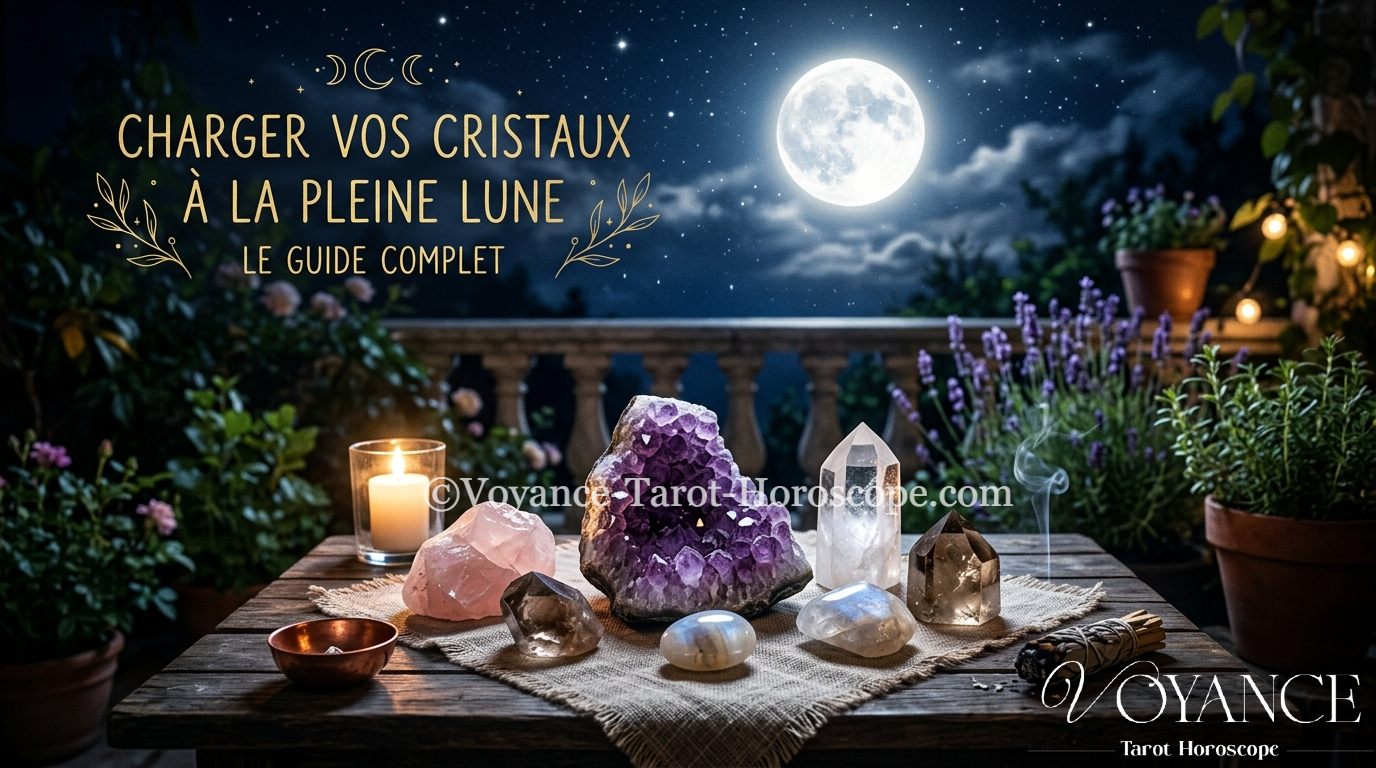 cristaux disposés au clair de pleine lune pour être rechargés, rituel lunaire de lithothérapie