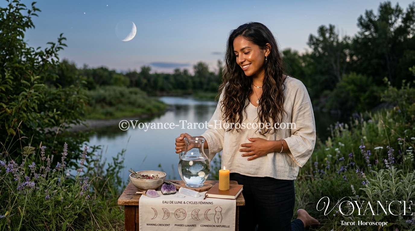 Eau de lune et cycles féminins : synchroniser ses rituels lunaires 3 phases de la lune au-dessus d'une coupe d'eau, eau de lune et cycles féminins