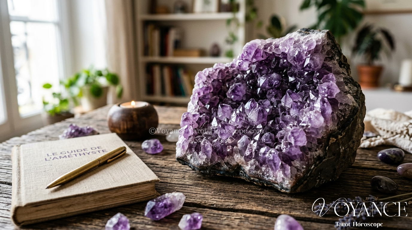 géode et pointe d'améthyste violette, pierre de méditation et de sommeil