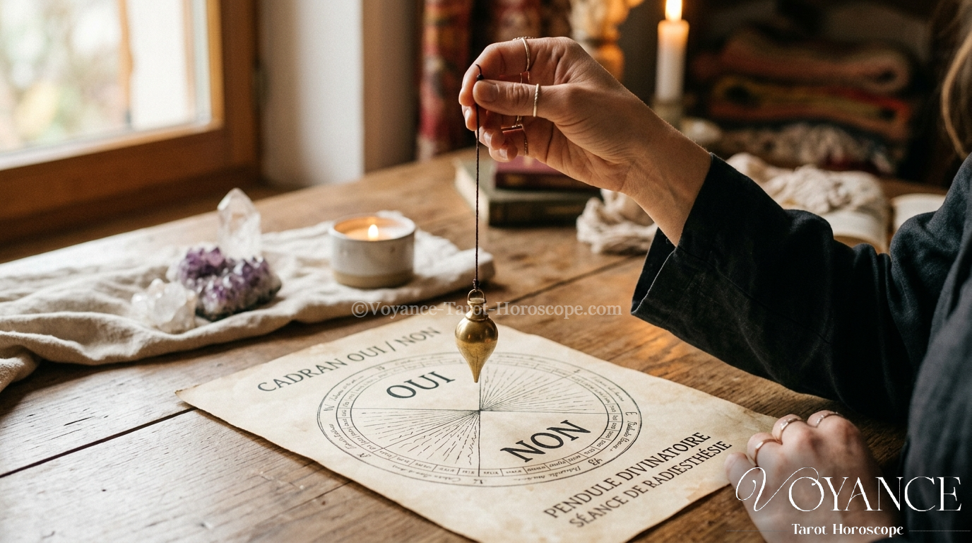 pendule divinatoire tenu à la main au-dessus d'un cadran oui non, séance de radiesthésie