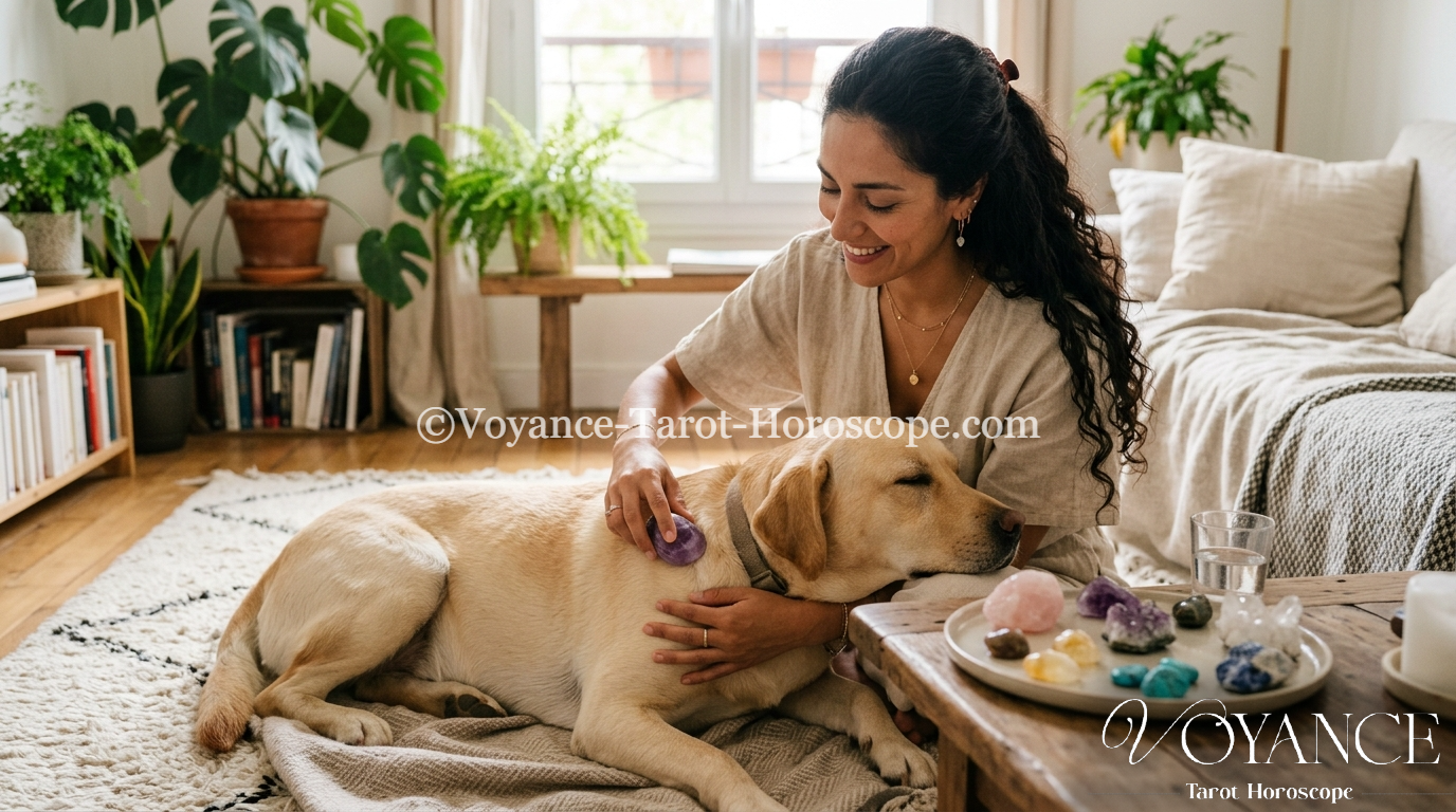 chien et chat paisibles près de pierres de lithothérapie, bien-être animal