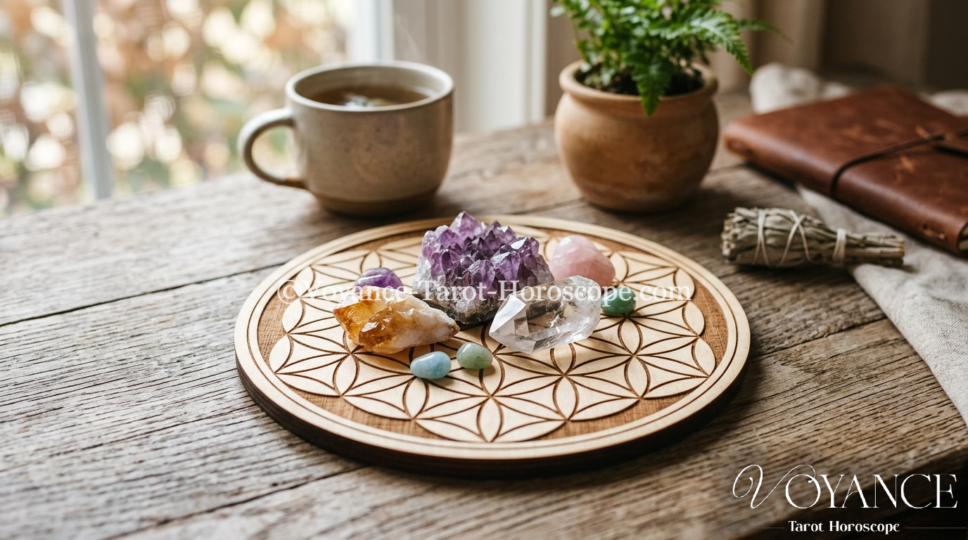 Fleur de Vie : le secret pour redynamiser vos objets 3 support en bois gravé de la Fleur de Vie avec des cristaux posés dessus, géométrie sacrée