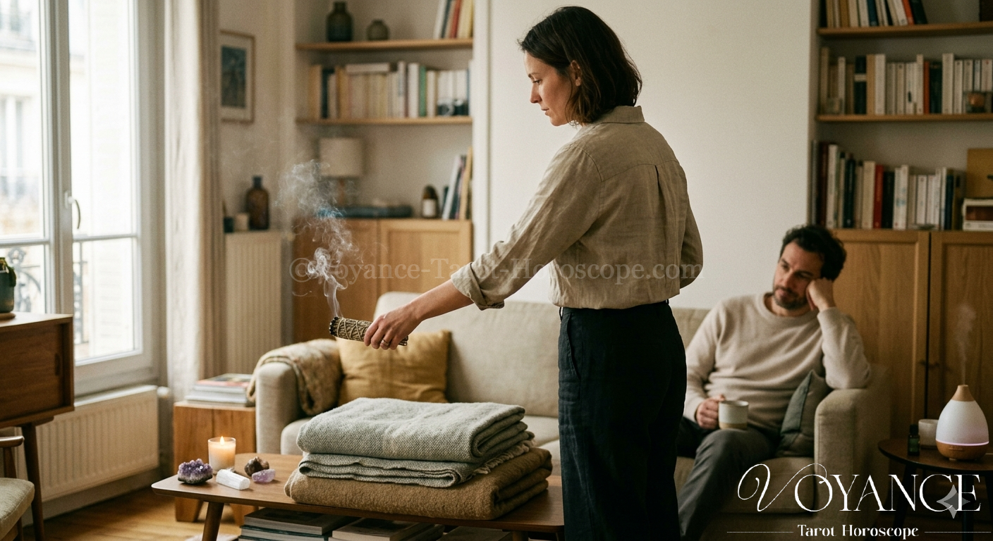 Salon calme, fenêtre ouverte, lumière douce après une tension passée