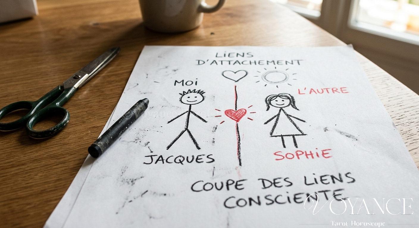 Feuille avec deux bonhommes allumettes dessinés, crayon et ciseaux posés à côté