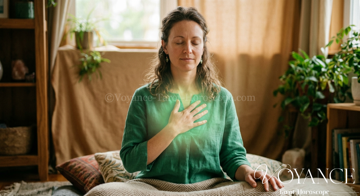 Blog de spiritualité 31 Chakra du Cœur, - guérir les blessures de trahison - Main posée sur le cœur, lumière verte douce, geste d'apaisement