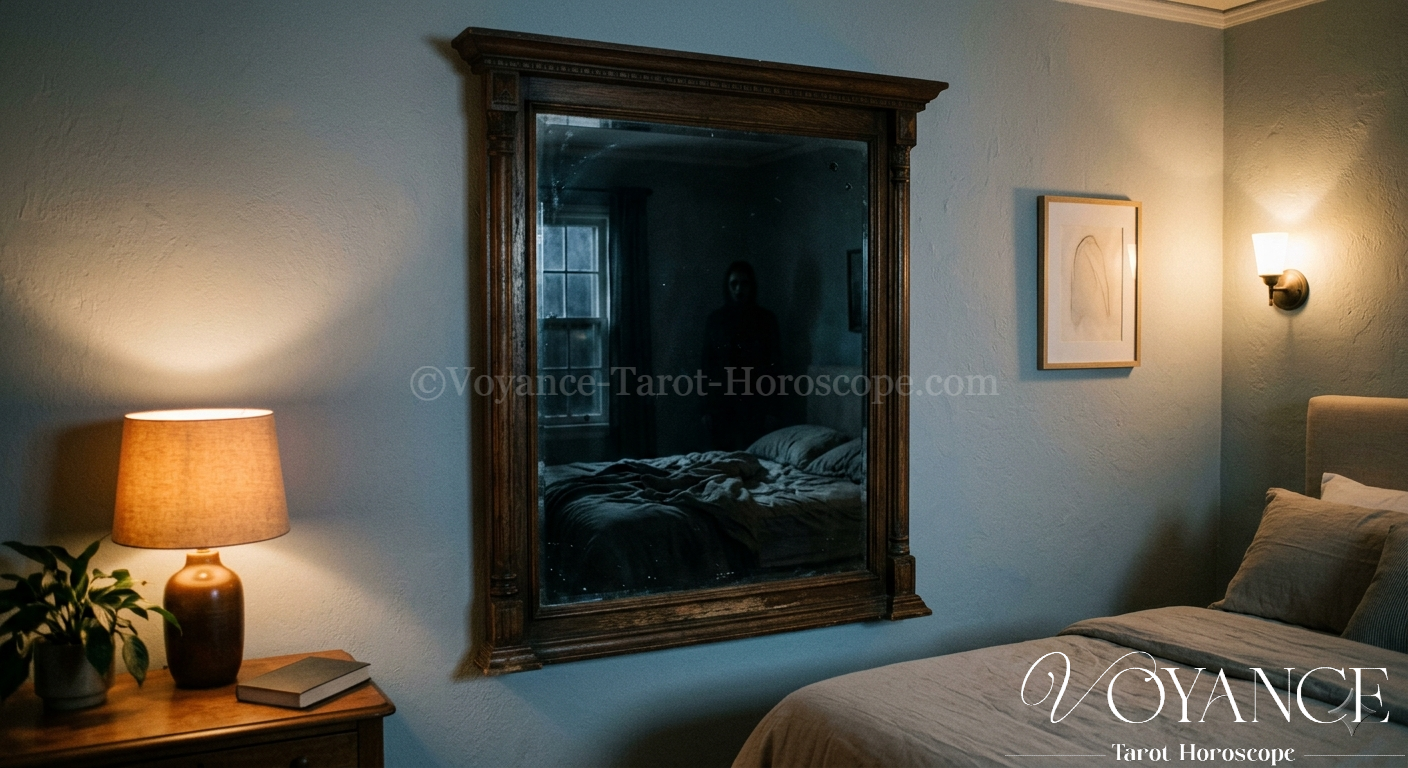 Chambre sombre et apaisée la nuit, miroir couvert d'un voile