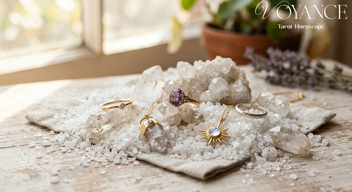 Bagues et pendentifs posés sur du gros sel et des quartz dans la lumière