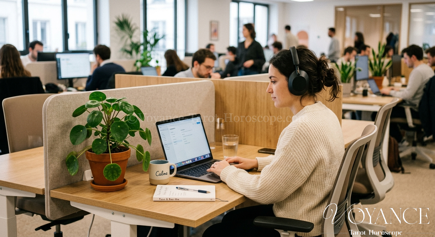 Bureau personnel apaisé dans un open-space, plante et casque audio