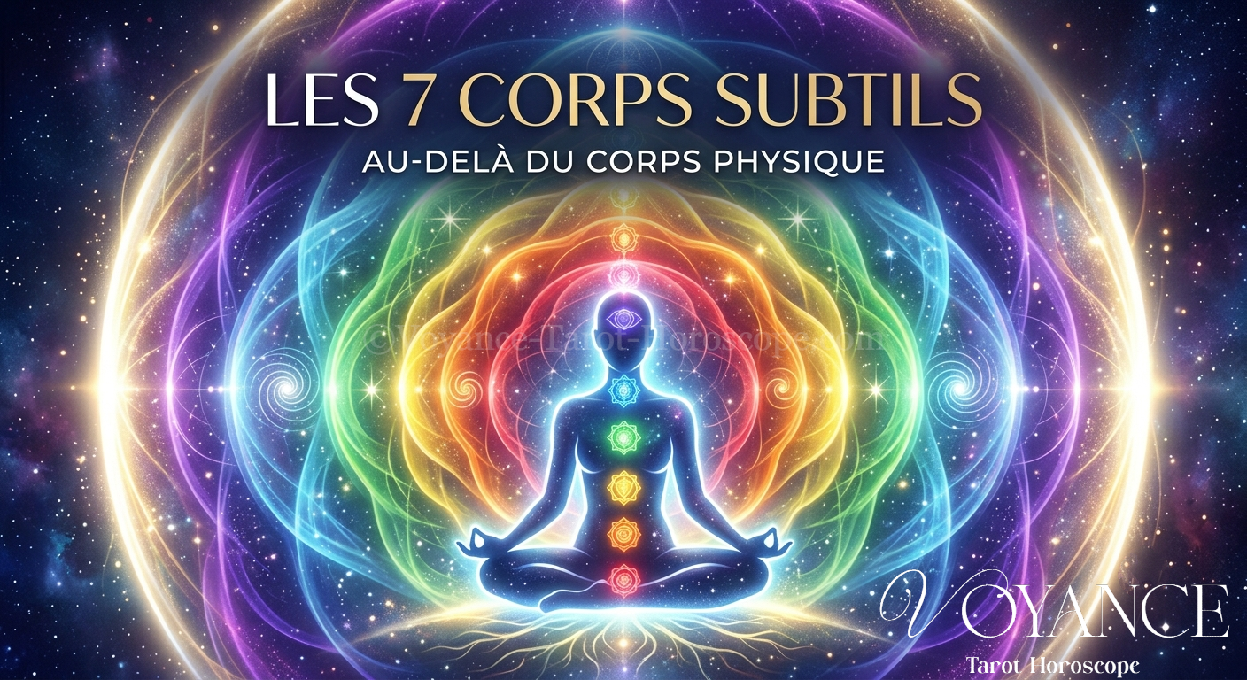 Les 7 corps subtils : au-delà du corps physique - Silhouette entourée de couches de lumière colorées concentriques